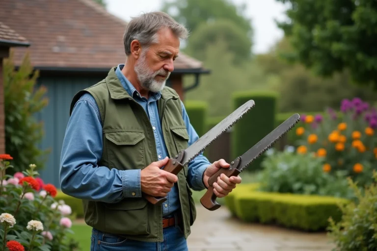 Homme en vêtements de travail examine deux outils de taille dans son jardin