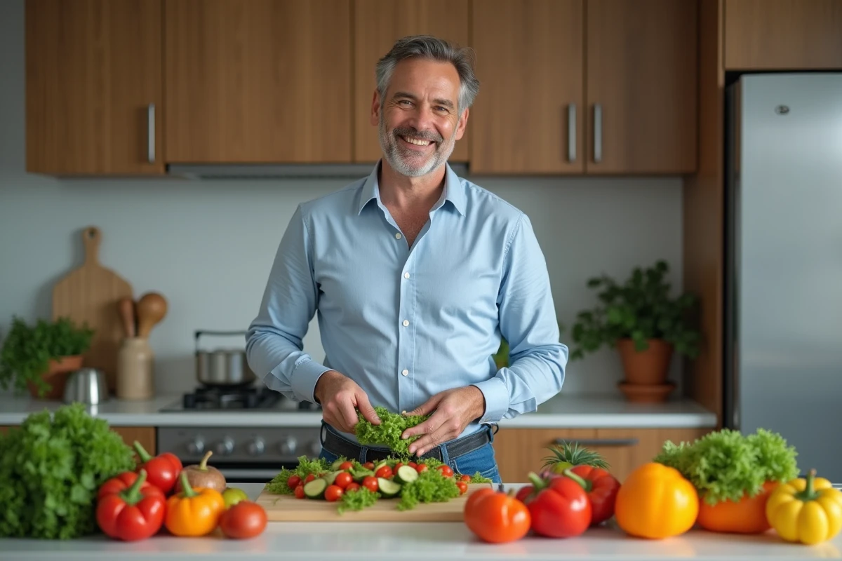 Homme préparant une salade de légumes dans la cuisine