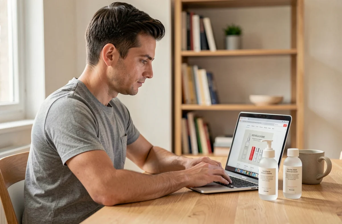Homme consultant le site d'une marque de soins minimaliste sur ordinateur portable, avec des produits cosmétiques posés sur son bureau à la maison