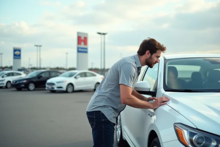 Homme examinant une voiture d'occasion blanche dans un parc automobile en plein air