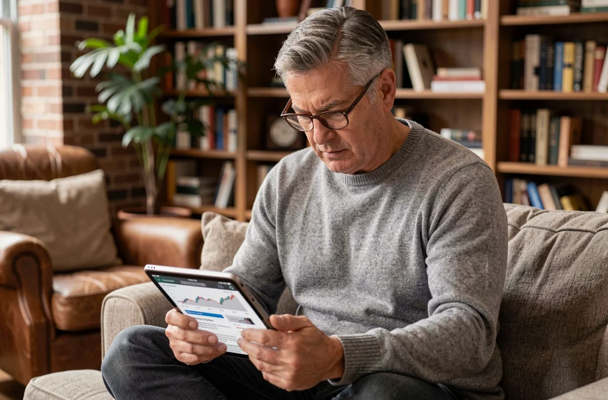 Investisseur particulier consultant l'actualité financière sur une tablette dans un bureau à domicile