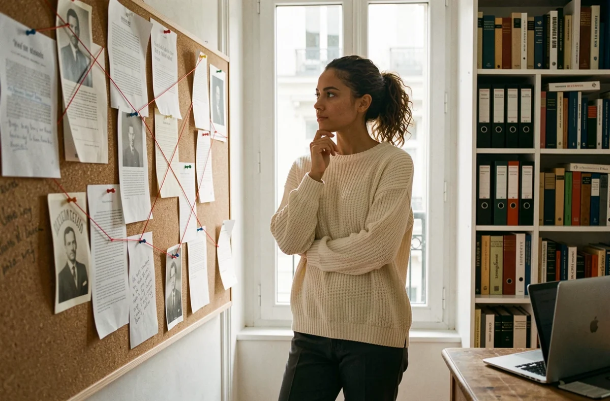 Jeune femme analysant un tableau généalogique avec des documents et photos pour retracer ses origines familiales