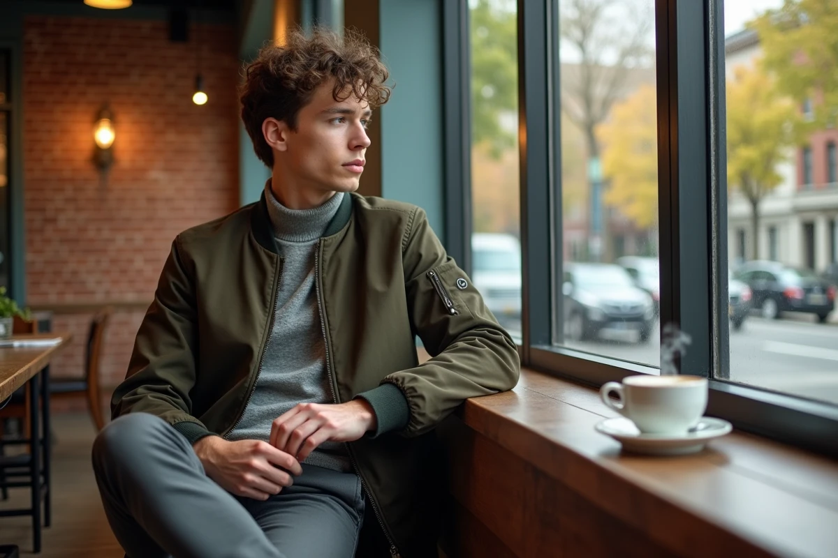 Jeune homme en veste légère dans un café moderne