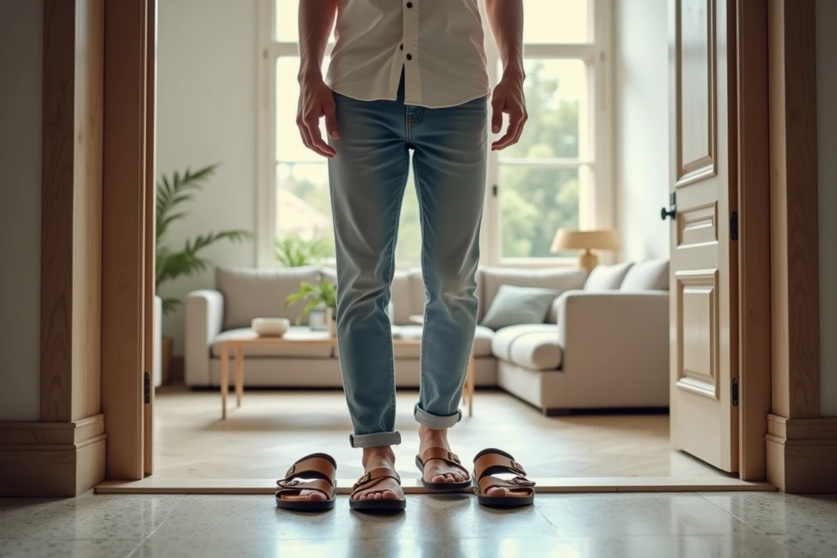 Jeune homme choisissant entre deux paires de sandales dans un appartement lumineux