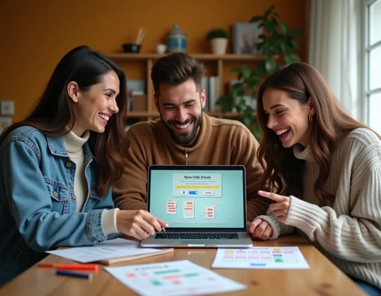 Groupe d'amis jouant à Motus en ligne ensemble autour d'une table avec un ordinateur portable