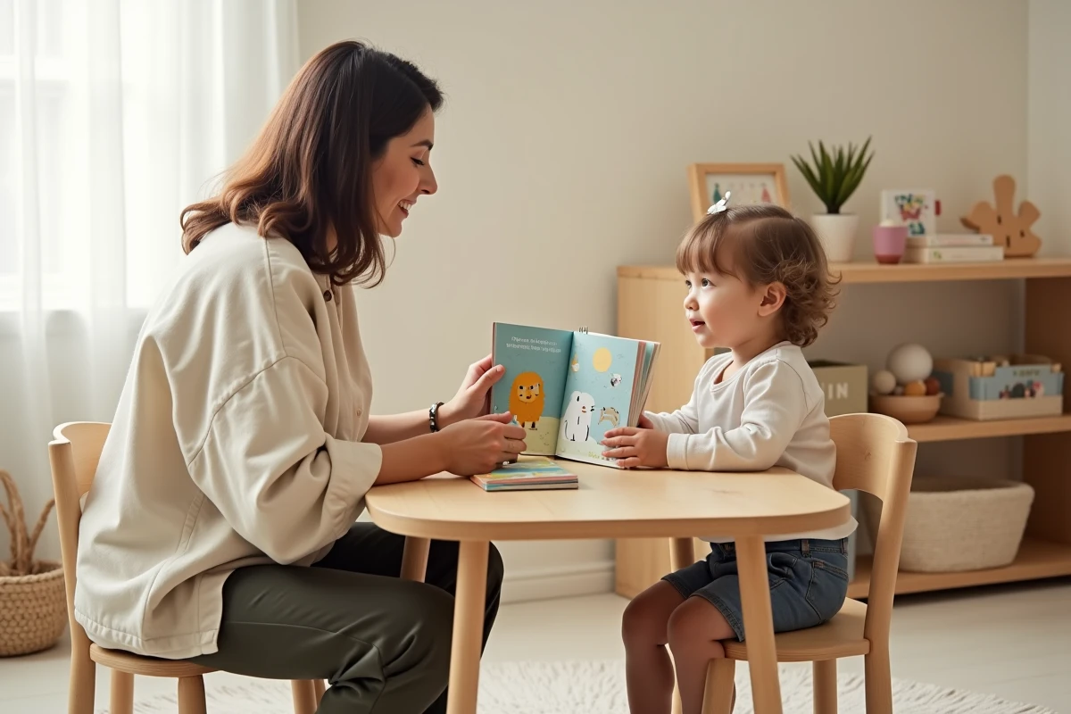 Femme lisant un livre illustré à un tout-petit dans un coin lecture aménagé à la maison pour stimuler l'éveil