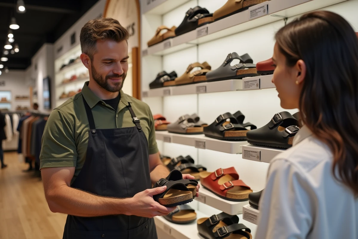 Intérieur d'un magasin Birkenstock avec présentoir de sandales et vendeur tenant un modèle Gizeh pour un client