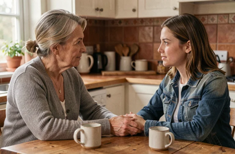 Mère et fille adulte en conversation sincère autour d'une table de cuisine, symbolisant la réconciliation familiale