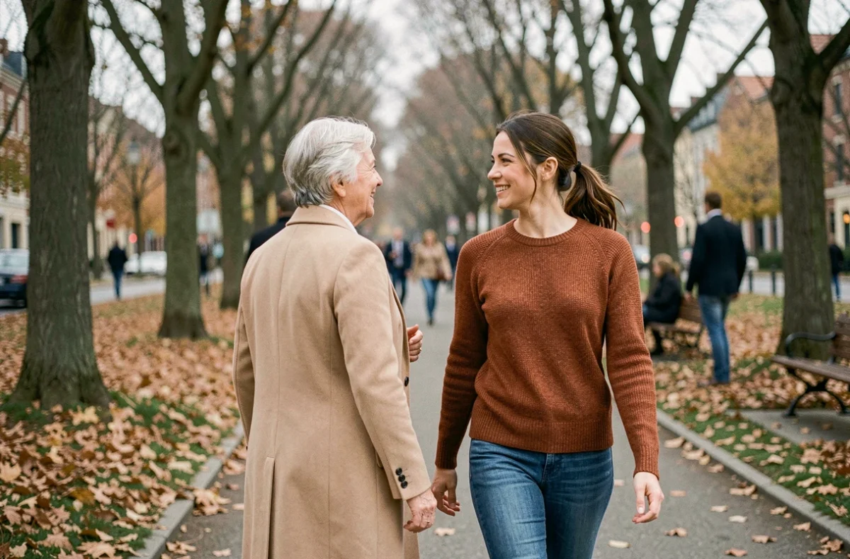 Mère et fille adulte se promenant dans un parc en automne, illustrant la reconstruction d'un lien familial apaisé