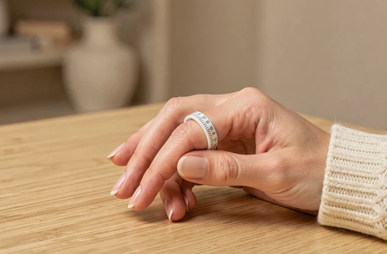 Main de femme mesurant son doigt avec un outil de mesure de taille de bague en plastique sur une table en bois clair