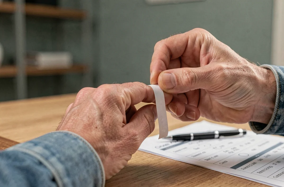 Main masculine mesurant le tour de doigt avec une bande de papier pour déterminer la correspondance de taille de bague en millimètres