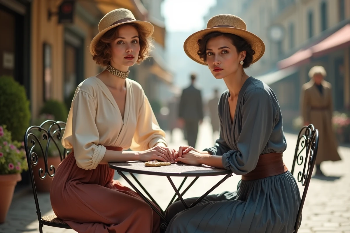 Deux femmes en tenues de mode transitionnelle 1915-1920 à une terrasse de café, évolution du style vestimentaire féminin pendant la Première Guerre mondiale