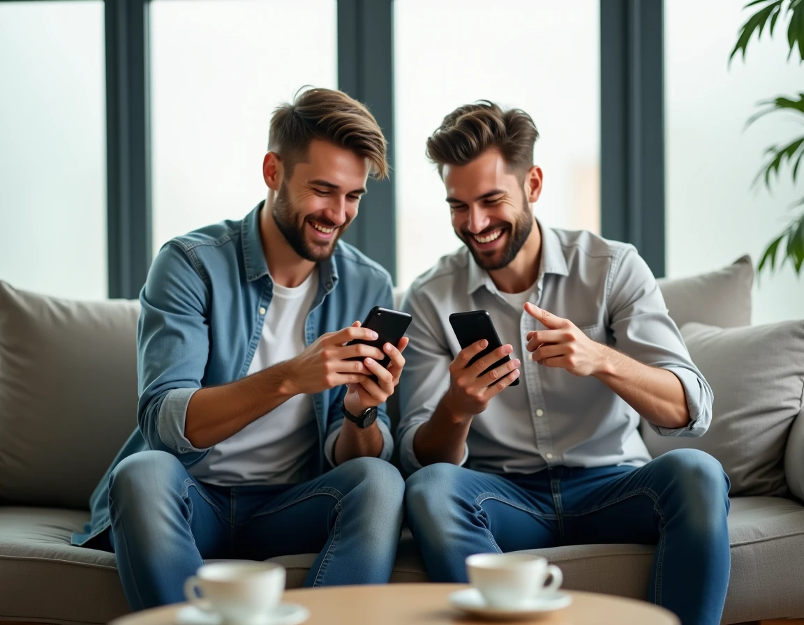 Deux hommes jouant à Motus en équipe sur leurs smartphones dans un salon moderne