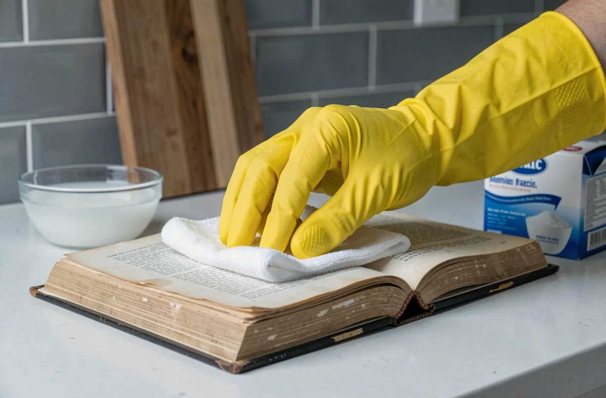 Mains gantées appliquant du vinaigre blanc sur un livre pour enlever l'odeur d'urine de chat