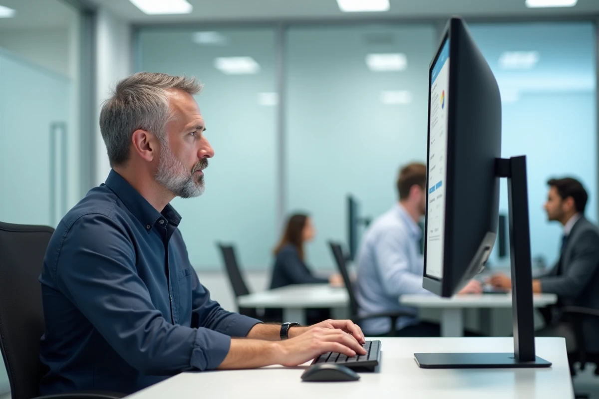Homme effectuant un paiement en ligne sur ordinateur de bureau dans un bureau professionnel sans vérification 3D Secure