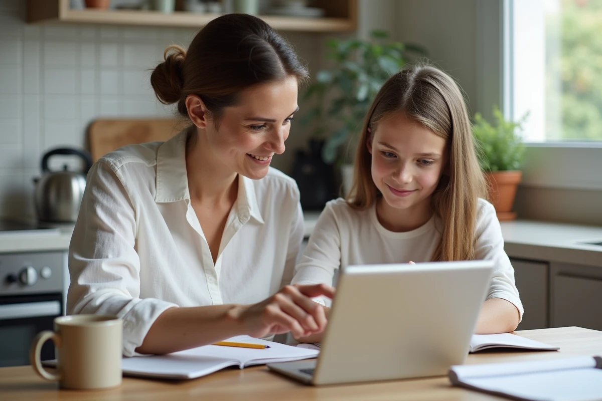 Parent et adolescente consultant ensemble un dossier d'examen sur Cyclades via une tablette