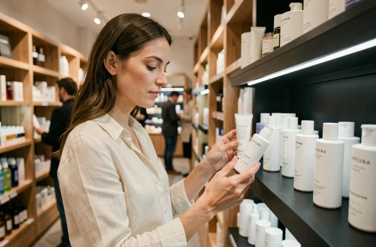 Femme examinant un produit de soin minimaliste dans un rayon Sephora, comparant les marques de cosmétiques naturels disponibles en boutique