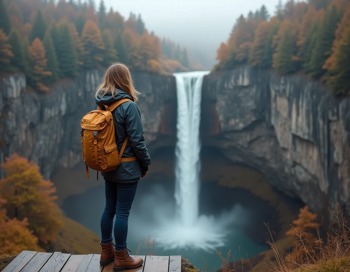 Randonneuse observant une grande chute d'eau verticale depuis un belvédère en bois au-dessus d'une gorge rocheuse