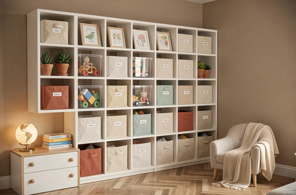 Mur de rangement modulaire organisé dans une chambre d'enfant minimaliste avec bacs étiquetés, œuvres d'art encadrées et style Japandi chaleureux