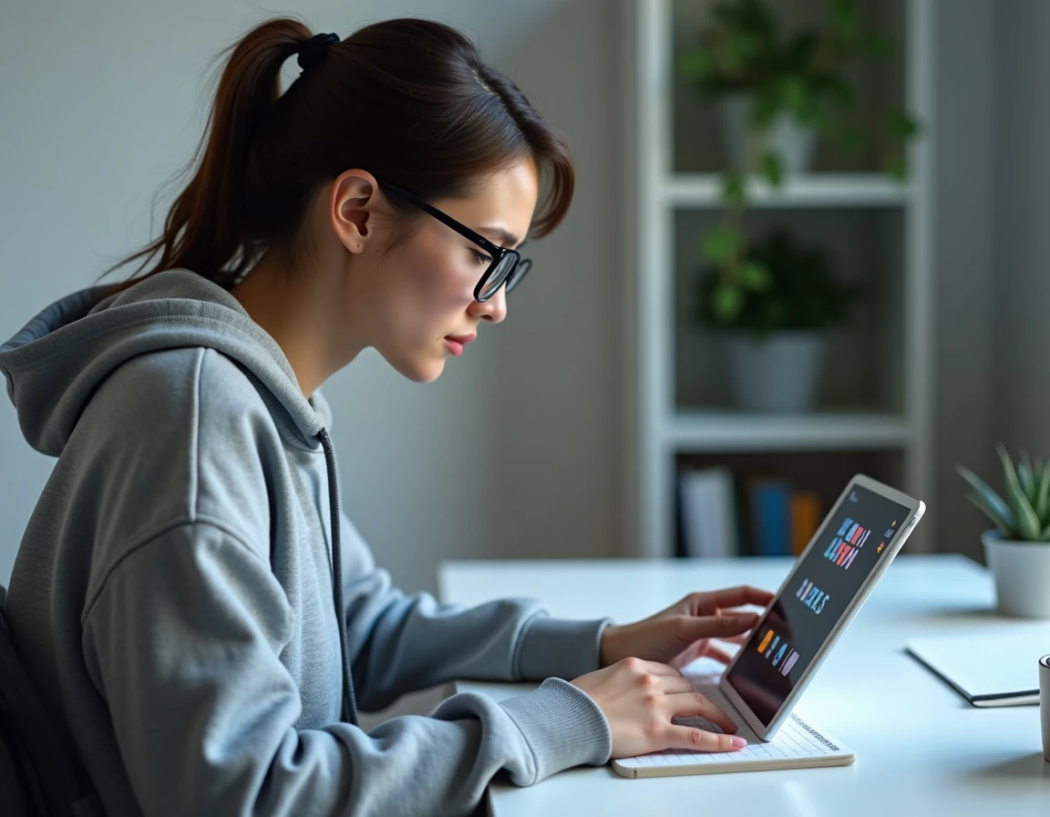 Jeune femme concentrée qui résout une grille Motus en ligne sur une tablette à son bureau