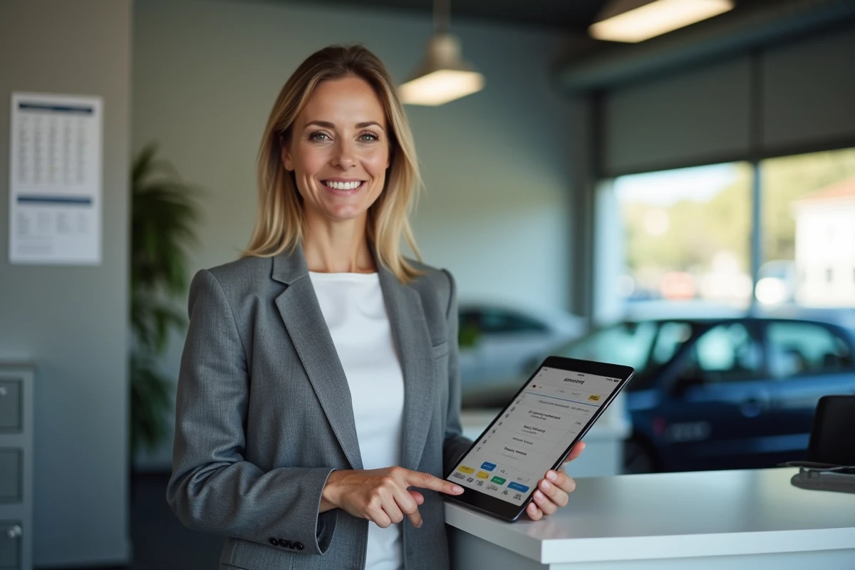 Responsable d'un centre Securitest gérant l'espace affilié via une tablette dans un bureau administratif de franchise