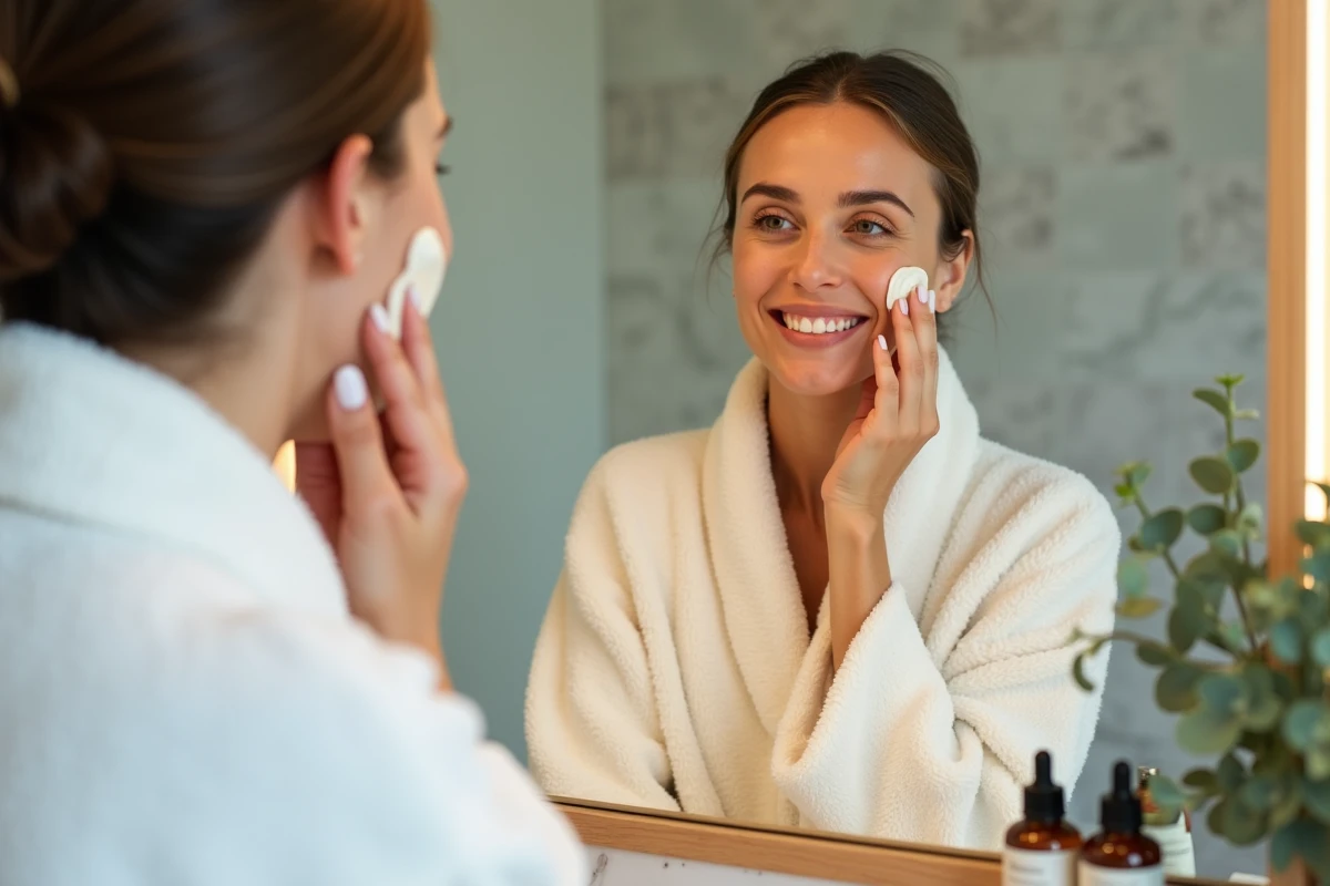 Femme appliquant une crème hydratante naturelle devant son miroir dans une salle de bain zen pour prendre soin de sa peau et préserver sa jeunesse