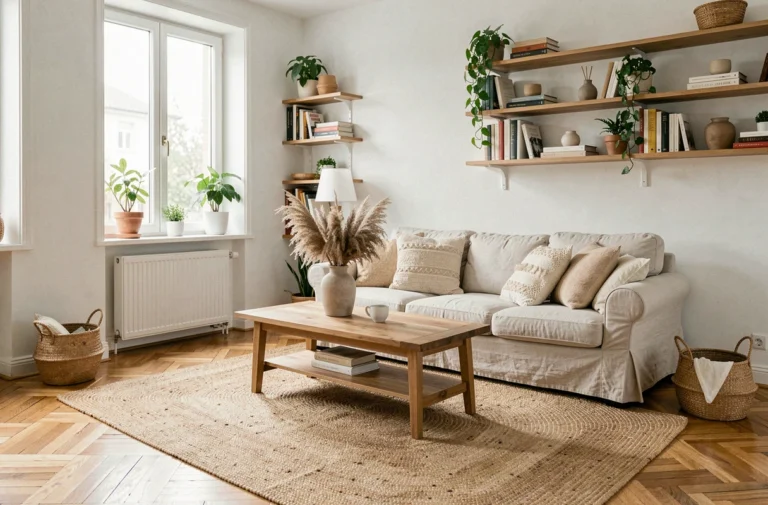 Salon scandinave aménagé avec des accessoires de décoration intérieure indispensables, canapé en lin, table basse en bois et tapis en jute
