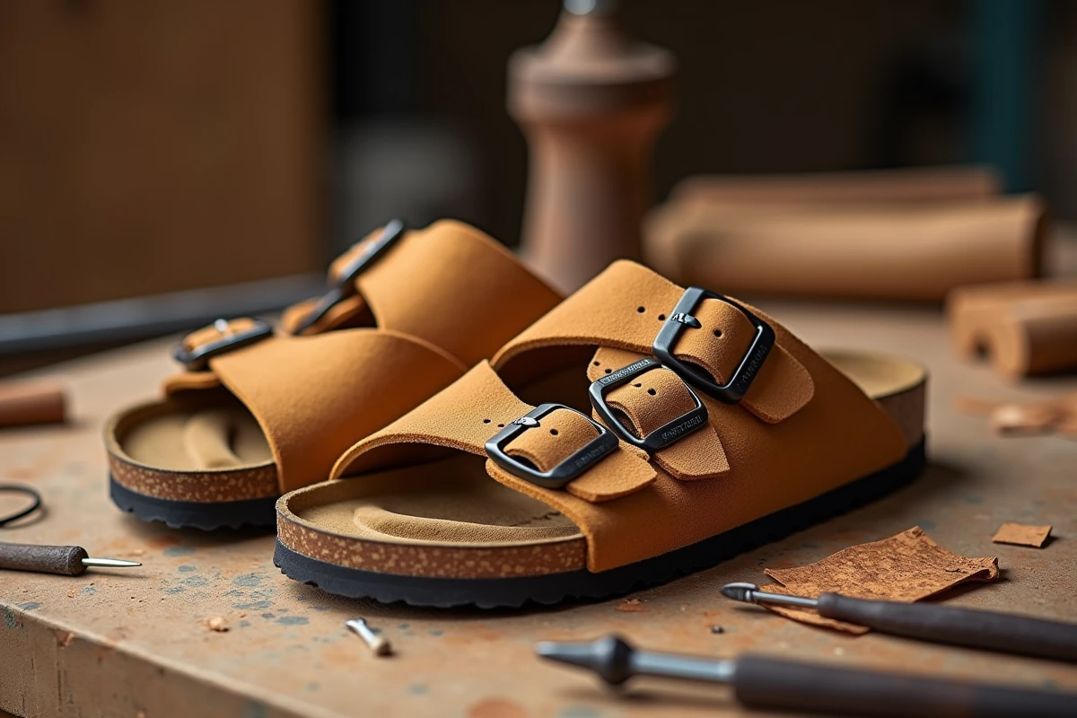 Paire de sandales Birkenstock Arizona en daim naturel posée sur un établi d'artisan avec outils de maroquinerie et matériaux en liège