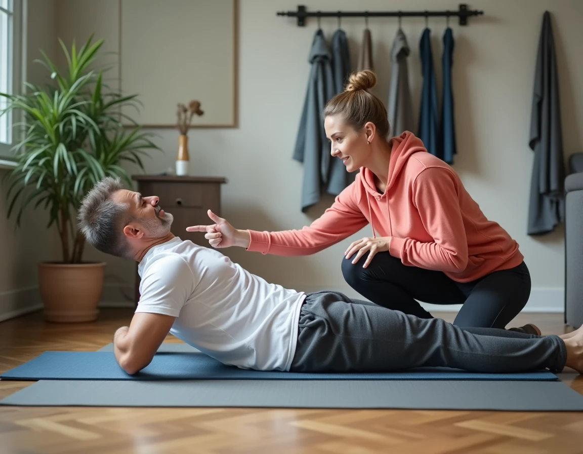 Entraîneur personnel féminin corrigeant la posture d'un homme d'âge mûr lors d'un exercice de gainage au sol à domicile