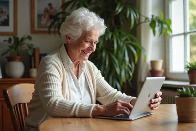 Femme senior souriante utilisant une tablette dans un salon lumineux