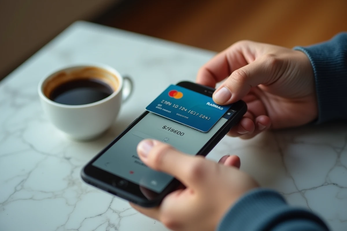 Mains tenant un smartphone affichant une confirmation de paiement avec une carte bancaire sur un comptoir en marbre, illustration des risques de transactions sans 3D Secure