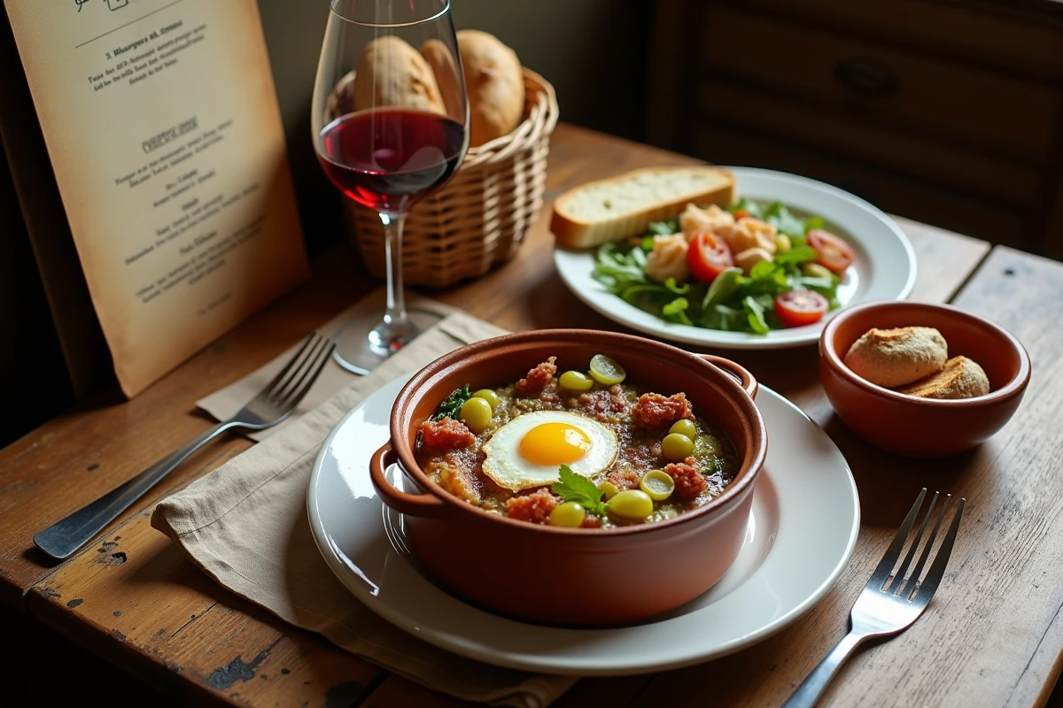Table d'un bouchon lyonnais avec salade lyonnaise, cervelle de canut, verre de Beaujolais et menu manuscrit sur bois patiné