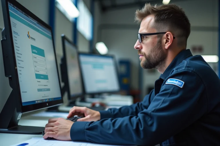 Technicien de contrôle technique connecté à l'espace affilié Securitest sur un ordinateur de bureau dans un centre de contrôle automobile