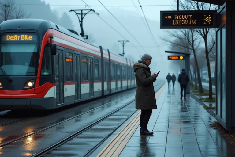 Tram de Grenoble à quai tôt le matin avec une passagère consultant les horaires sur son téléphone