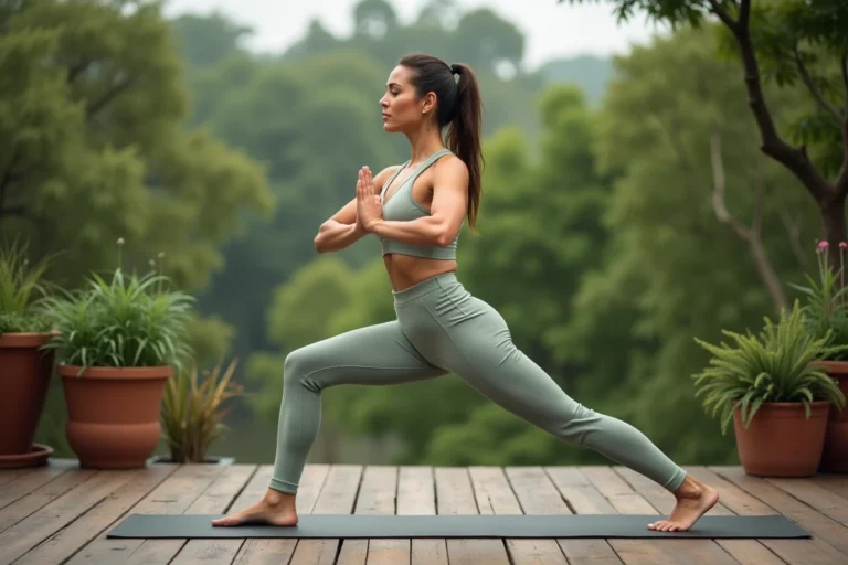 Femme pratiquant le yoga matinal sur une terrasse en bois entourée de verdure pour préserver sa jeunesse et son bien-être